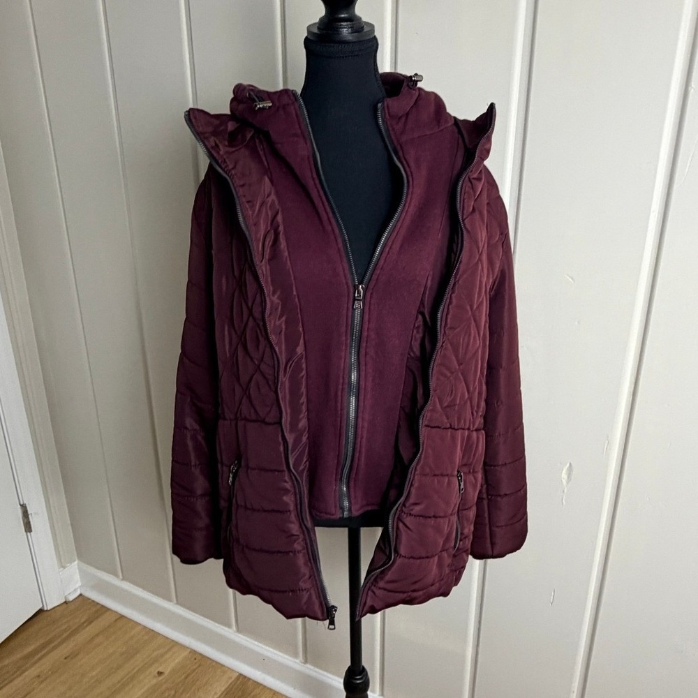 Burgundy Quilted Double Zip Hooded Puffer Jacket Coat Small Medium Maroon